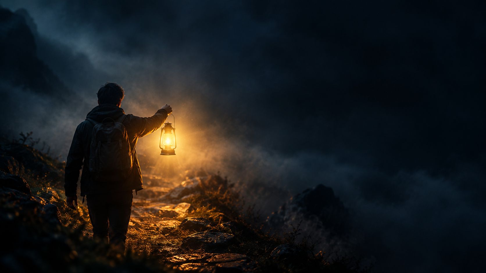 A traveller holding a glowing lantern on a dark, misty mountain path