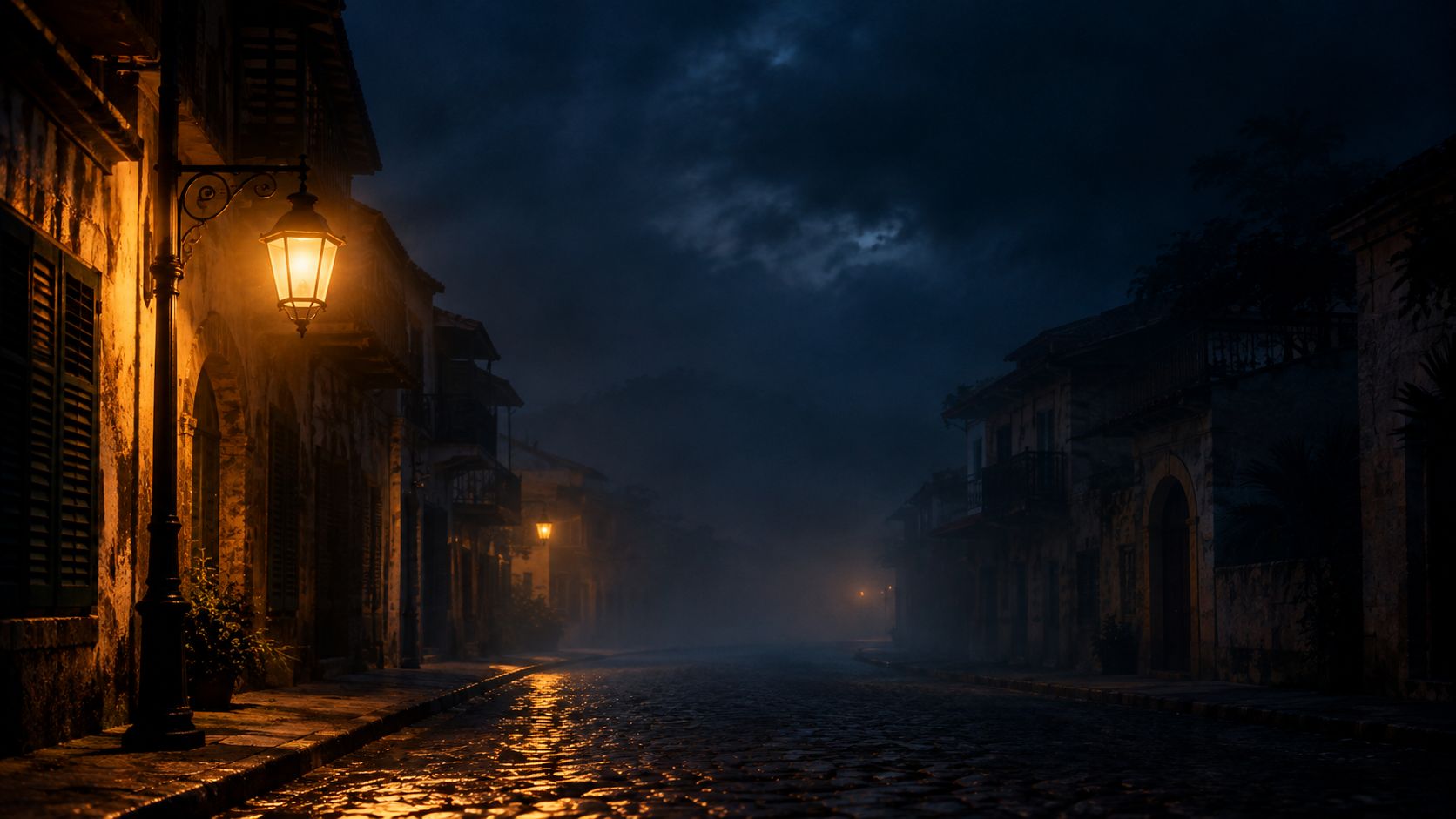 A lit street lantern on a misty cobblestone street at night